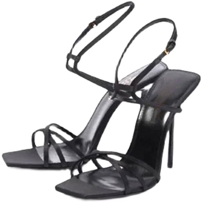 Jaghds | Summer Black Square Toe Stiletto Sandals for Women with Thin Strap and Buckle Detail