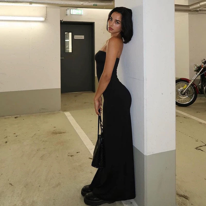 Jaghds | European Style One-Line Collar Tube Top Dress with Side Slit