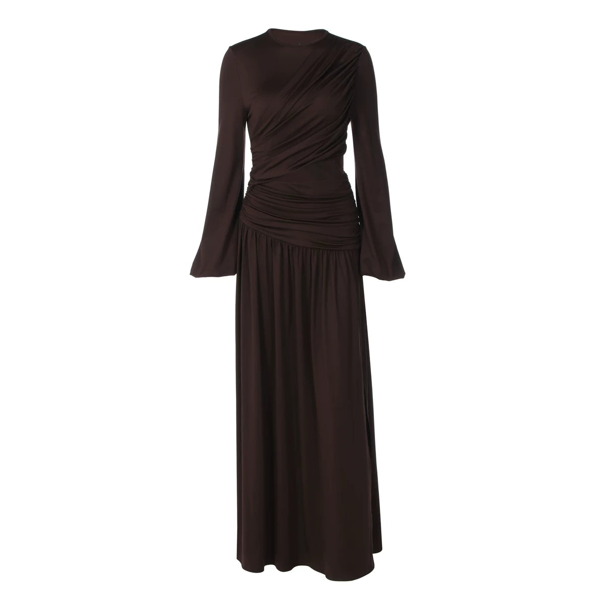 Jaghds | Elegant Round Neck Long-Sleeve Dress with Pleated Waist and High Slit