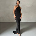 Jaghds | Elegant Backless Halter Neck Evening Dress with Solid Color Long Skirt