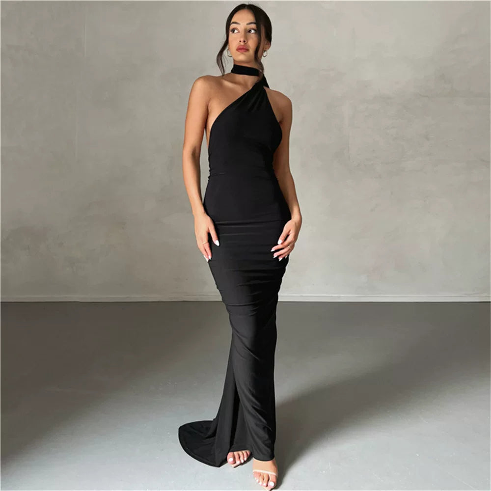Jaghds | Elegant Backless Halter Neck Evening Dress with Solid Color Long Skirt