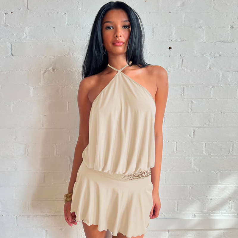 Jaghds | Halter Neck Lace Panel Dress with Open Back Design