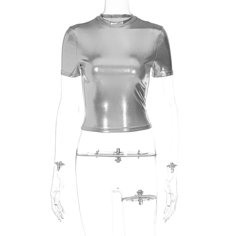 Jaghds | Silver Metallic Cropped T-Shirt for Women, Reflective Short Sleeve Street Style Top