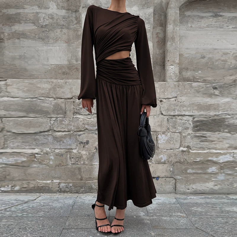 Jaghds | Elegant Round Neck Long-Sleeve Dress with Pleated Waist and High Slit