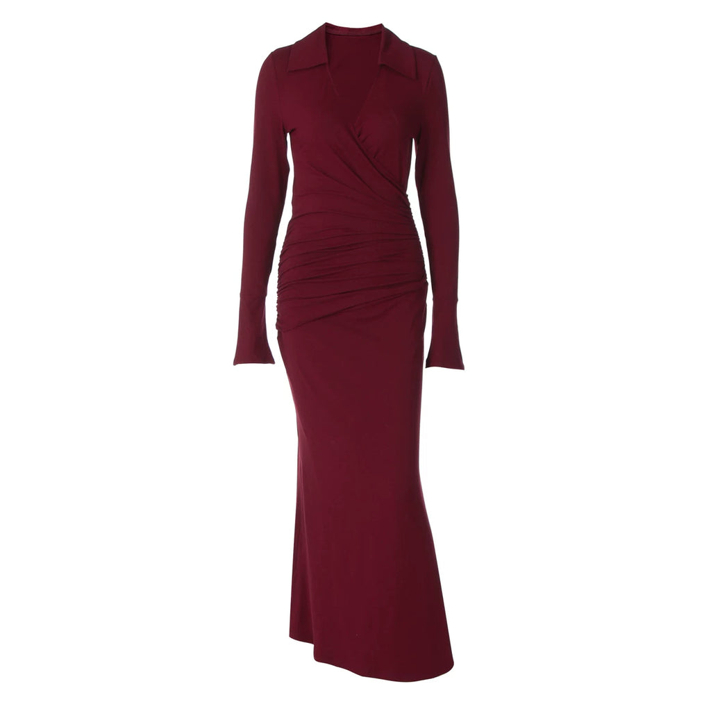 Jaghds | Cross V-Neck Pleated Long Sleeve Maxi Dress with High Waist