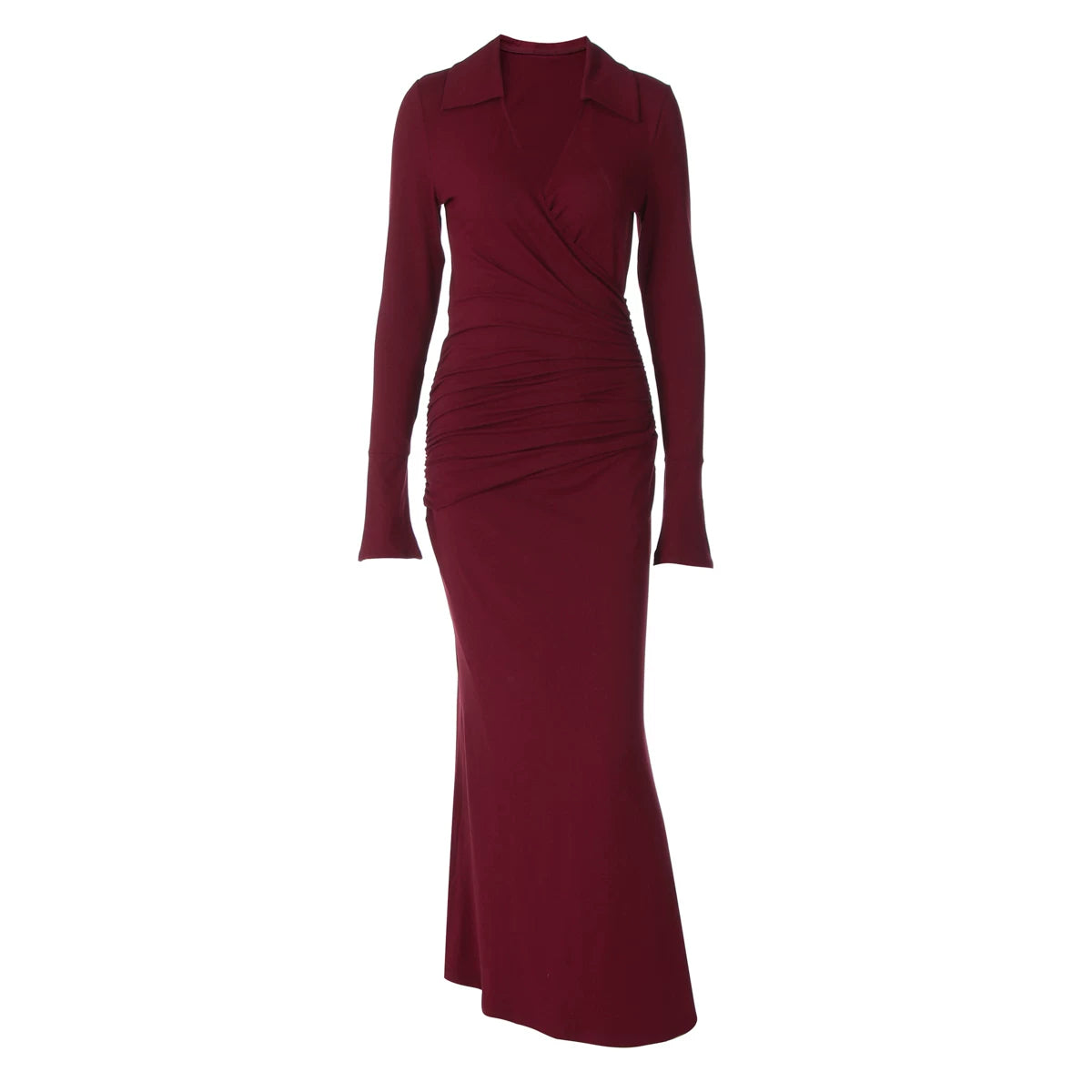 Jaghds | Cross V-Neck Pleated Long Sleeve Maxi Dress with High Waist