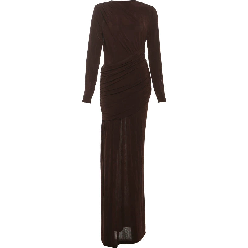 Jaghds | European Style Retro Solid Color Long-Sleeved Dress with Pleated Waist