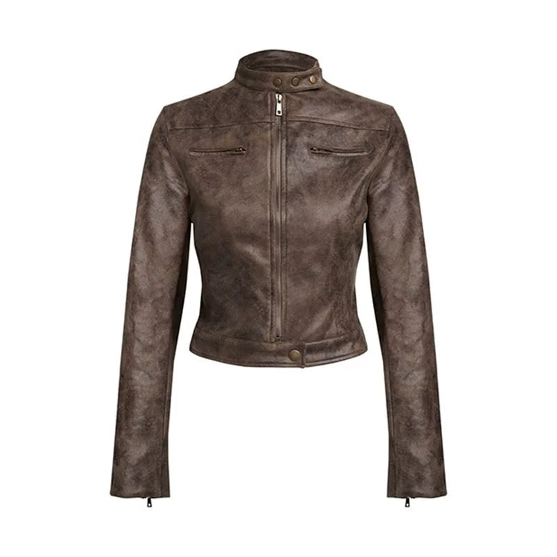 Jaghds | Spring Distressed Leather Jacket for Women with Stand-Up Collar and Street Style Design