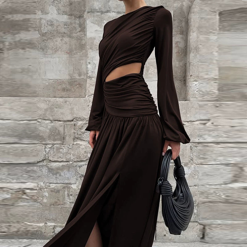 Jaghds | Elegant Round Neck Long-Sleeve Dress with Pleated Waist and High Slit