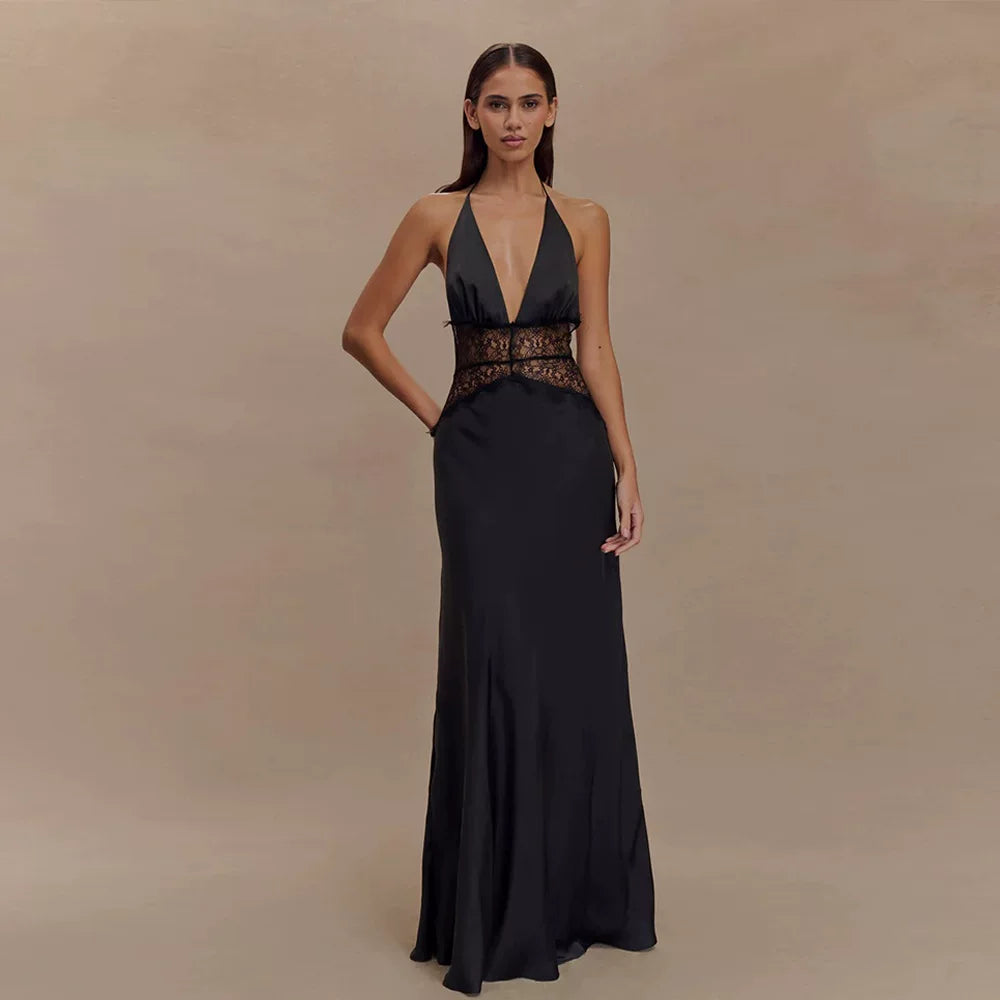 Jaghds | Elegant Halter Neck Satin Evening Dress with Lace Splicing and Draped Waist