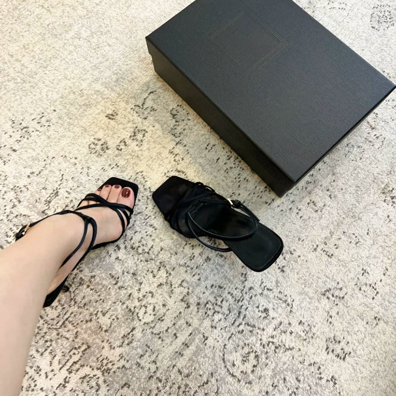 Jaghds | Summer Black Square Toe Stiletto Sandals for Women with Thin Strap and Buckle Detail