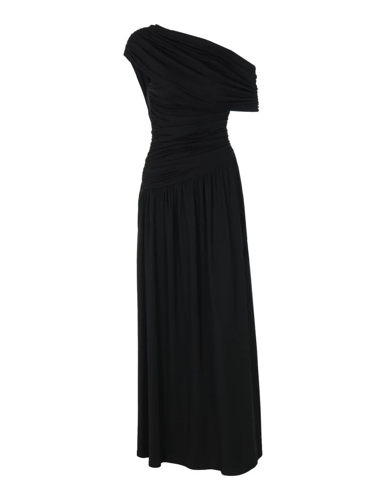 Jaghds | European Style Sloping Shoulder Irregular Pleated Long Dress