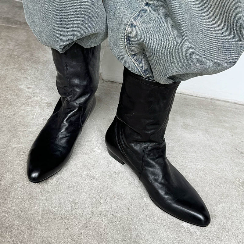 Jaghds | Pleated Pointed Toe Mid-Calf Boots for Women, Chunky Heel Autumn Winter Style