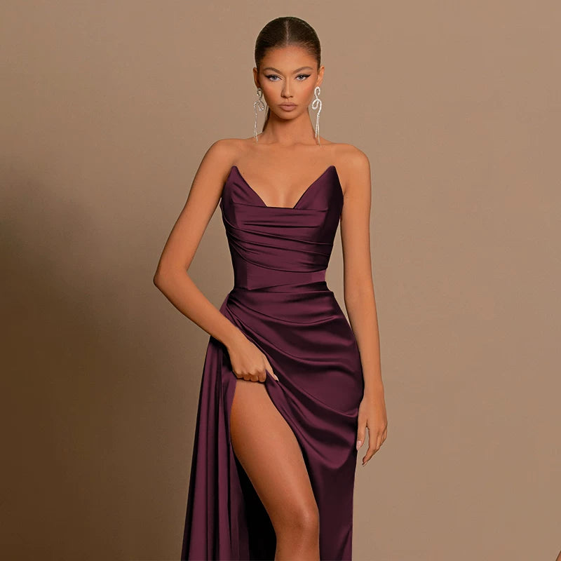 Jaghds | Elegant Round Neck Long-Sleeve Dress with Pleated Waist and High Slit