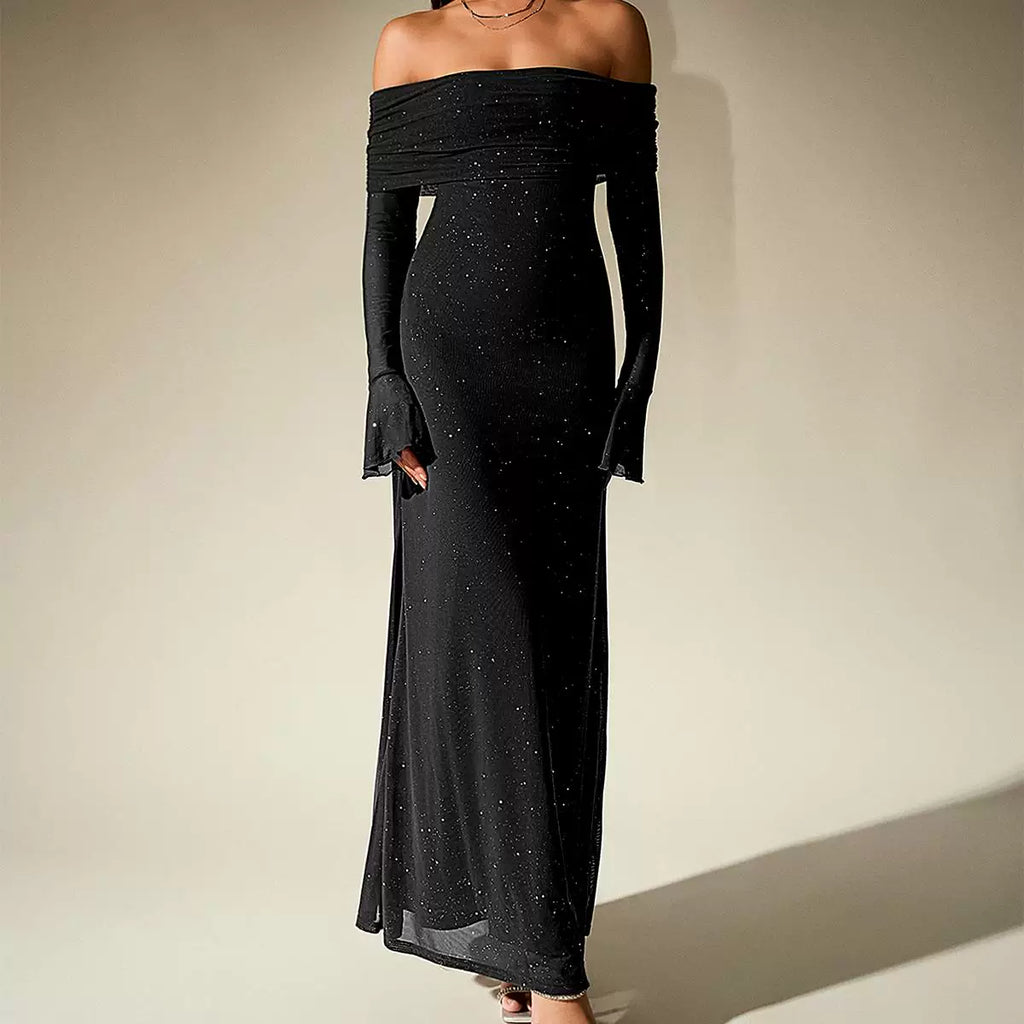 Jaghds | High-End One-Shoulder Black Mesh Fishtail Long Dress for Women