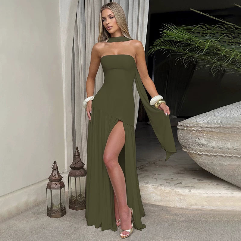 Jaghds | European Style One-Line Collar Tube Top Dress with High Slit