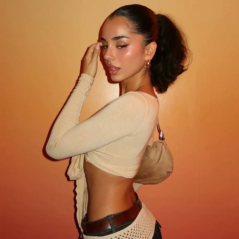 Jaghds | Twist Tie Cropped Cardigan Top for Women, Slim Fit Long Sleeve Design