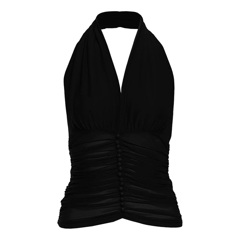 Jaghds | Retro V-Neck Halter Top for Women with Pleated Slim Fit Design