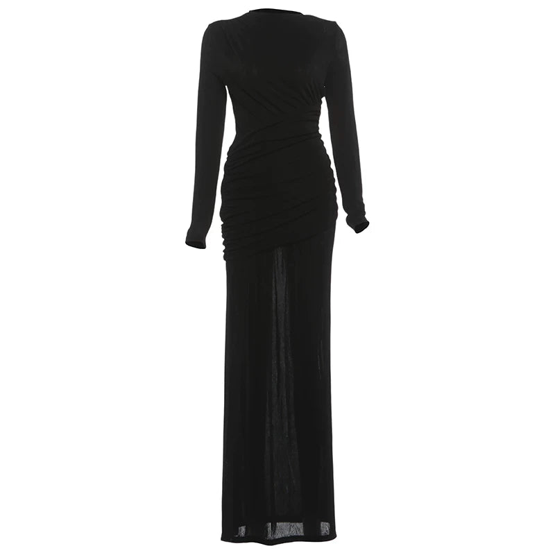 Jaghds | European Style Retro Solid Color Long-Sleeved Dress with Pleated Waist