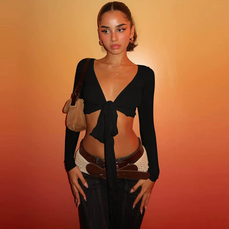 Jaghds | Twist Tie Cropped Cardigan Top for Women, Slim Fit Long Sleeve Design