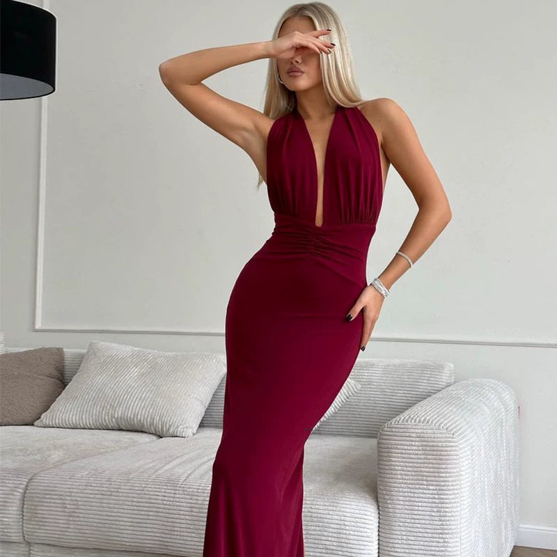 Jaghds | Elegant Halter Neck V-Neck Pleated Long Dress for Women