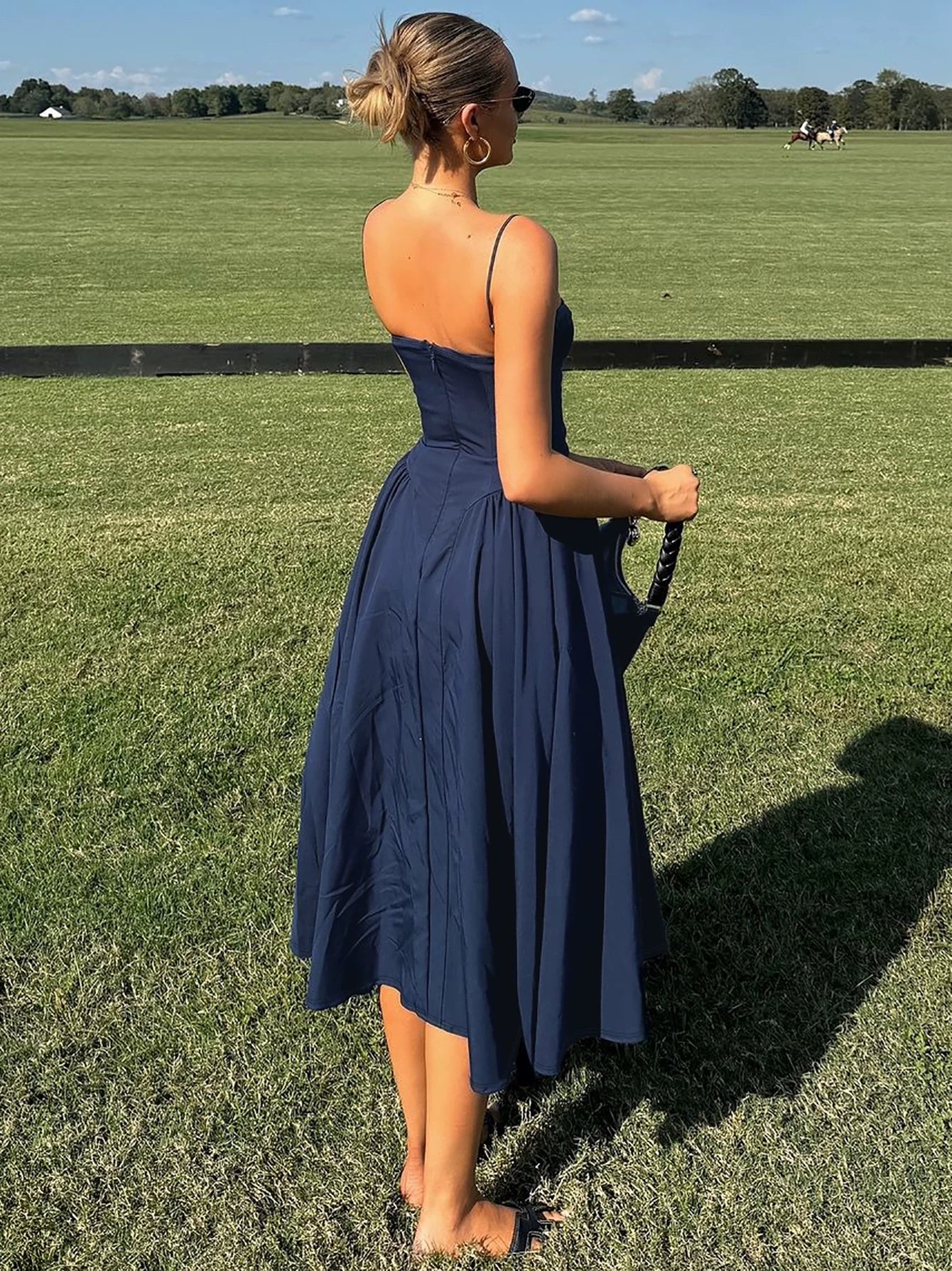 Jaghds | French Retro Solid Color Suspender Dress with High Waist Knee-Length Skirt