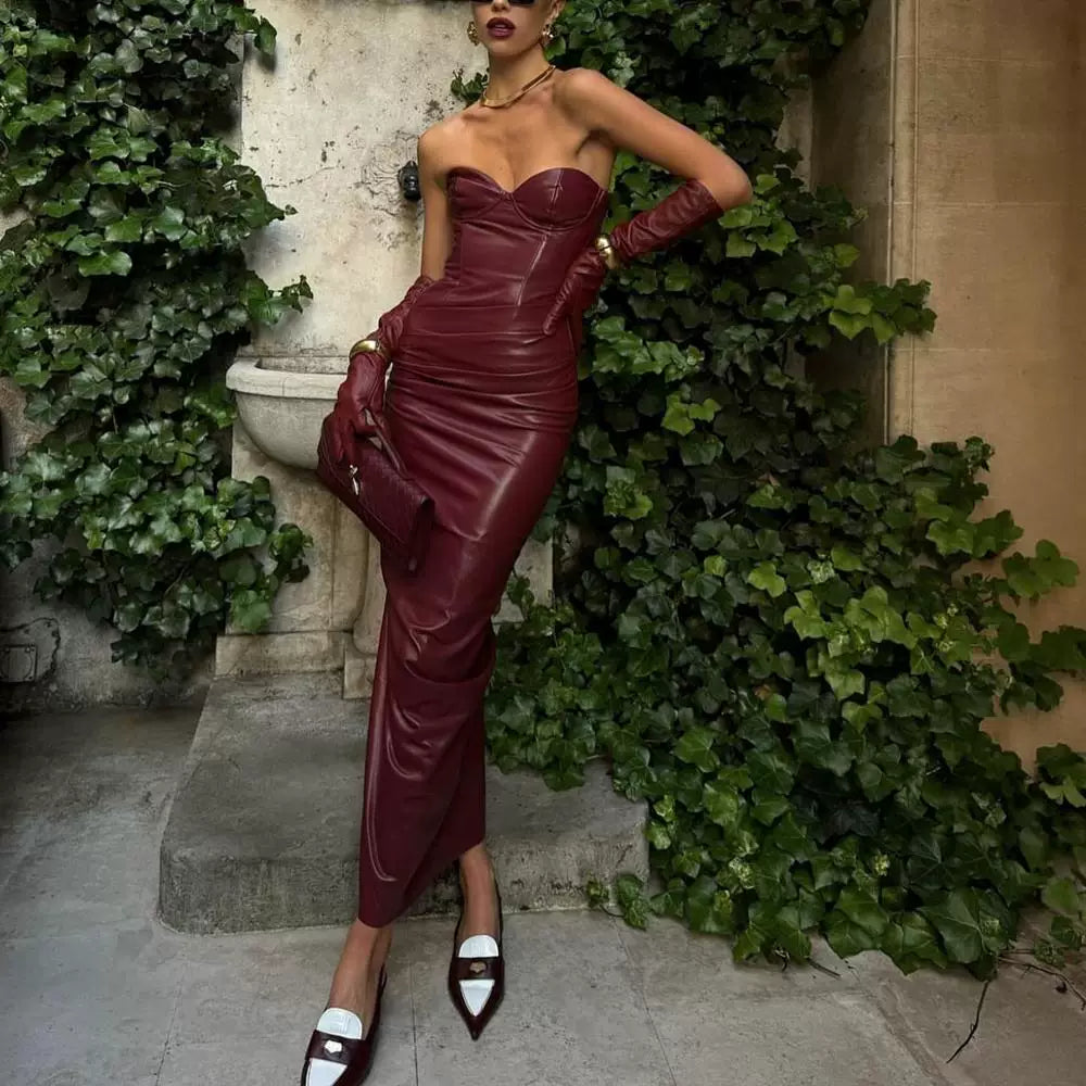 Jaghds | Tube Top Dress with PU Leather Splice and Pleated Slit for Women