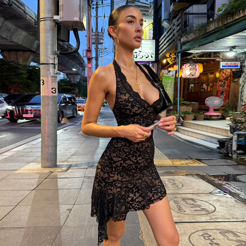 Jaghds | Halter Neck Dress with Deep Open Back and Double-Layer Lace