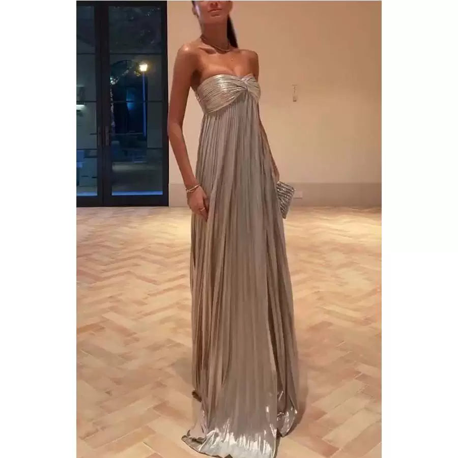 Jaghds | Strapless Metallic Slit Evening Dress for Formal Occasions