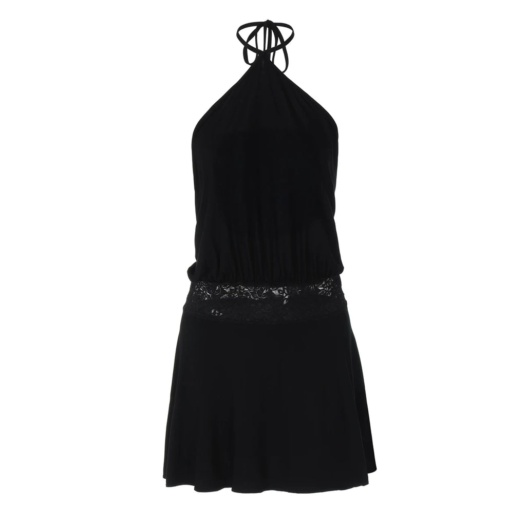 Jaghds | Halter Neck Lace Panel Dress with Open Back Design
