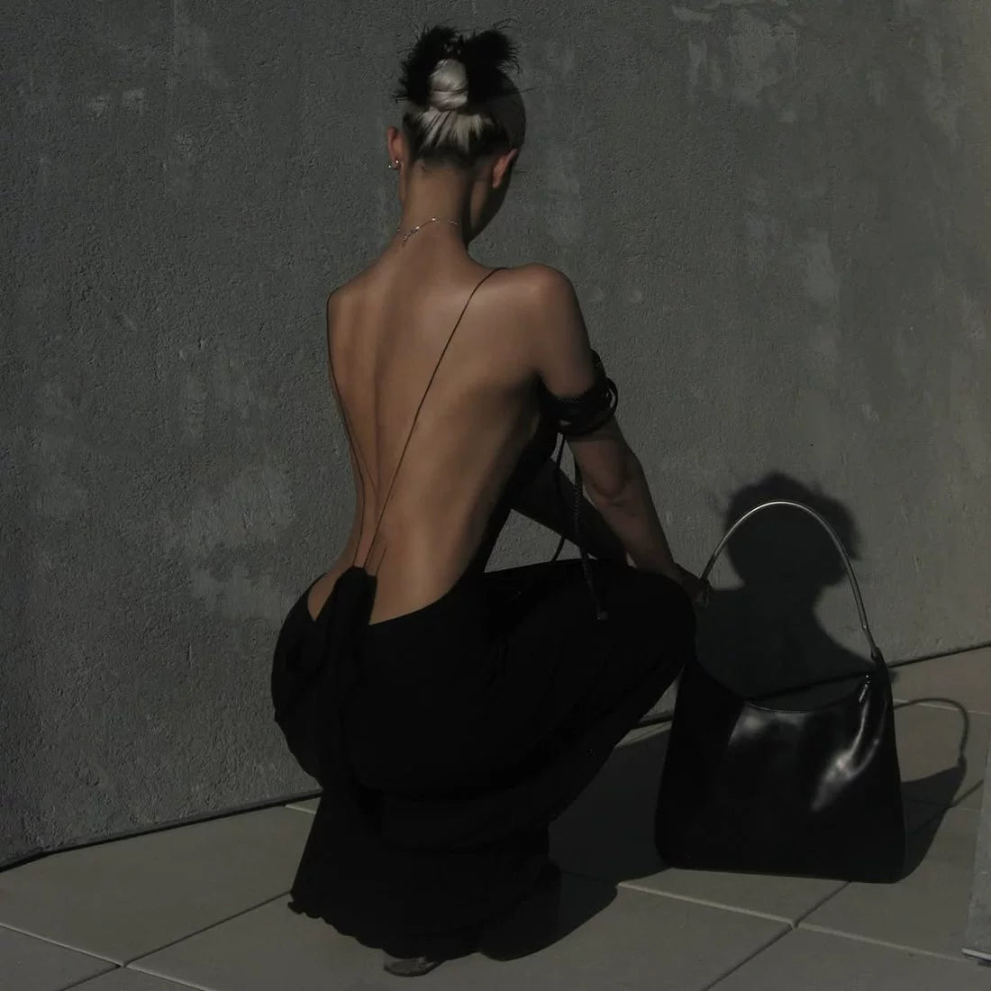 Jaghds | European Style Black Long Suspender Dress with Open Back