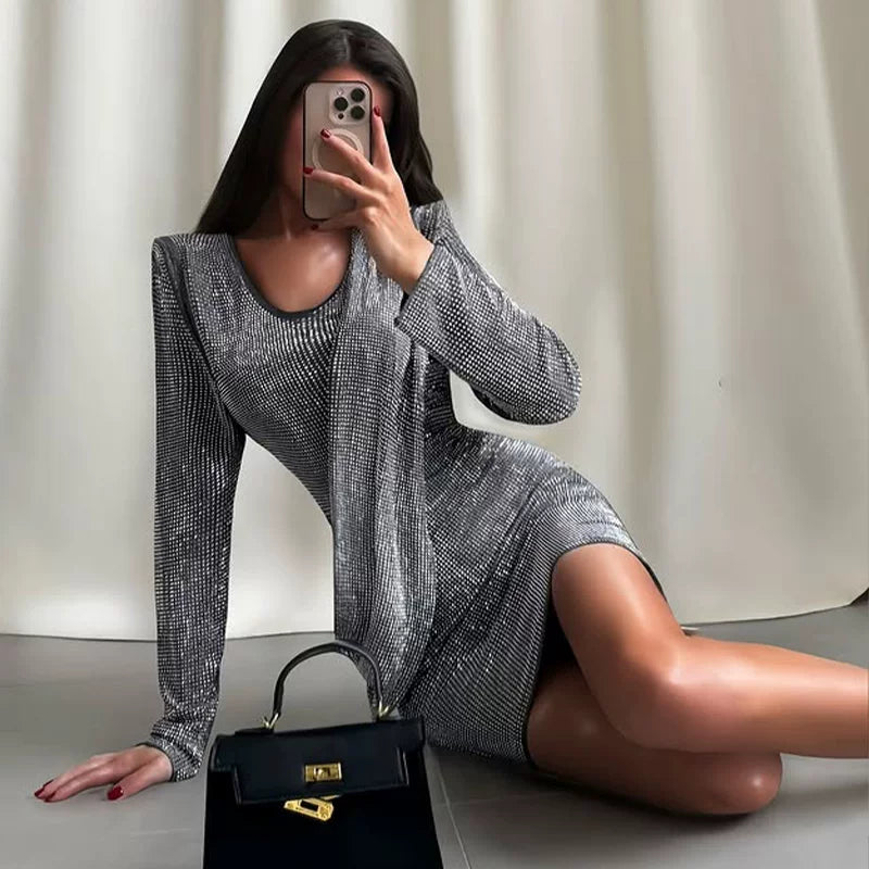 Jaghds | V-Neck Glitter Long Sleeve Maxi Dress with Slim Fit Waist