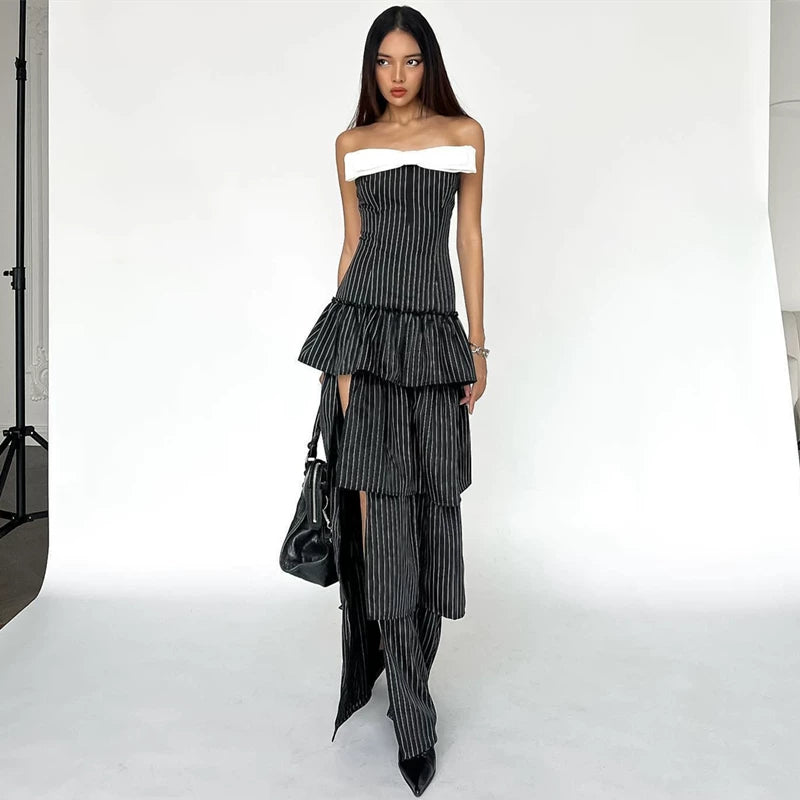 Jaghds | Contrast Bow Strapless Maxi Dress with Vertical Pattern and Slit