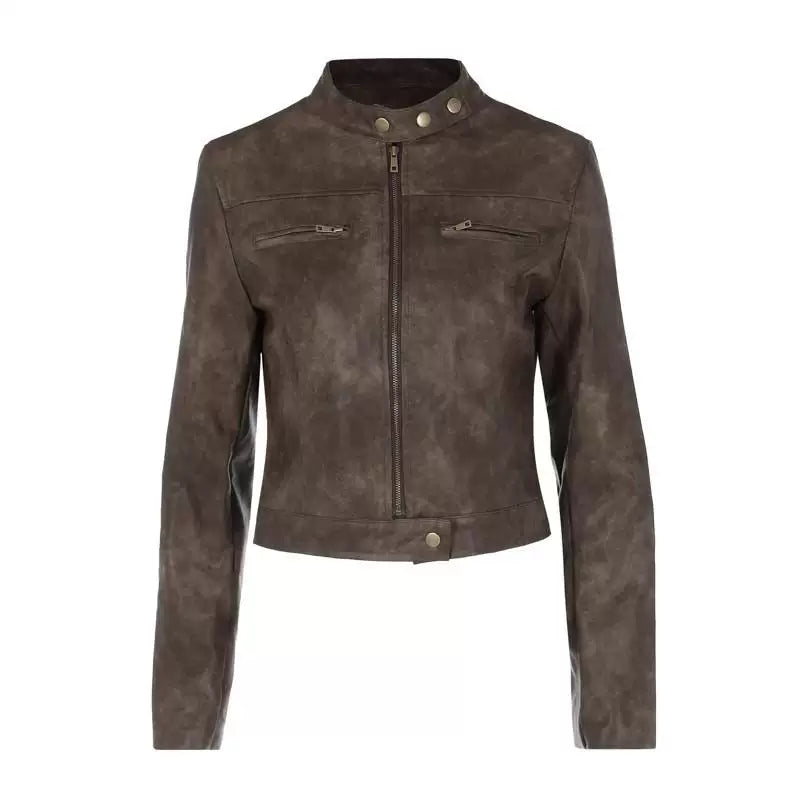 Jaghds | Autumn Winter PU Leather Short Jacket for Women with Stand Collar and Distressed Design