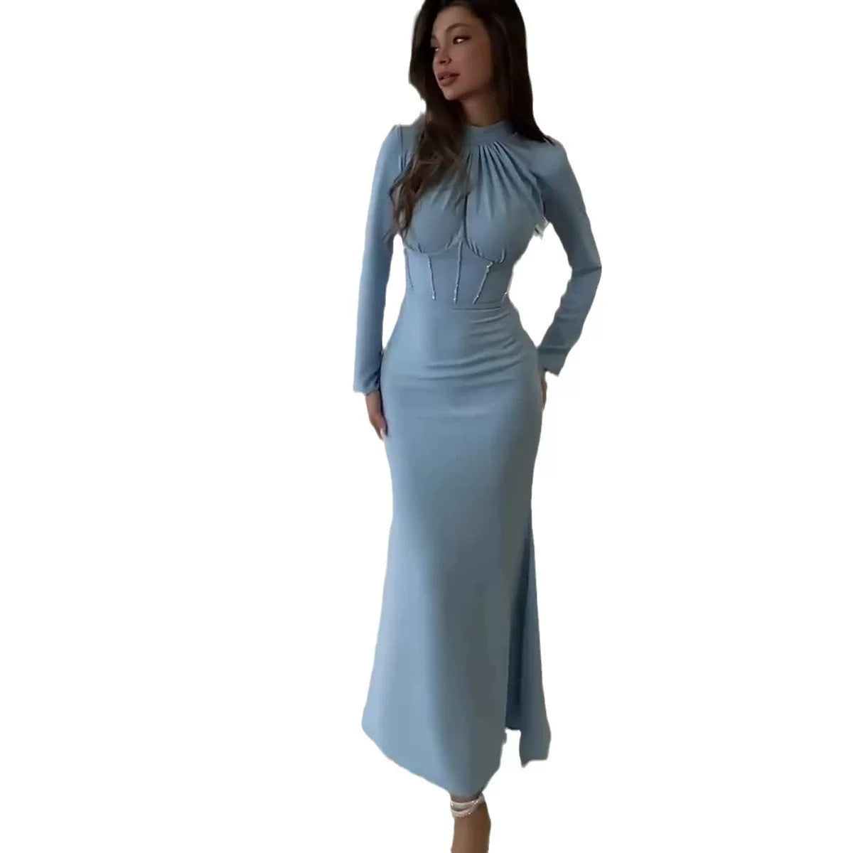 Jaghds | Women’s Long-Sleeved Pleated Dress with Irregular Slit Hem