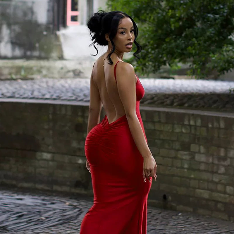 Jaghds | Temperament Red V-Neck Backless Long Dress for Women