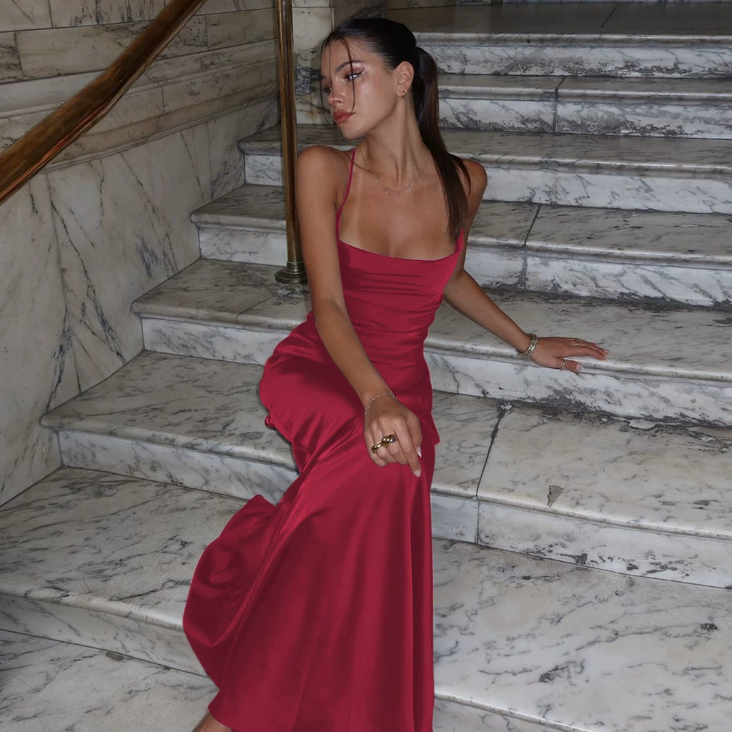 Jaghds | European Style Satin Suspender Dress with Backless Design