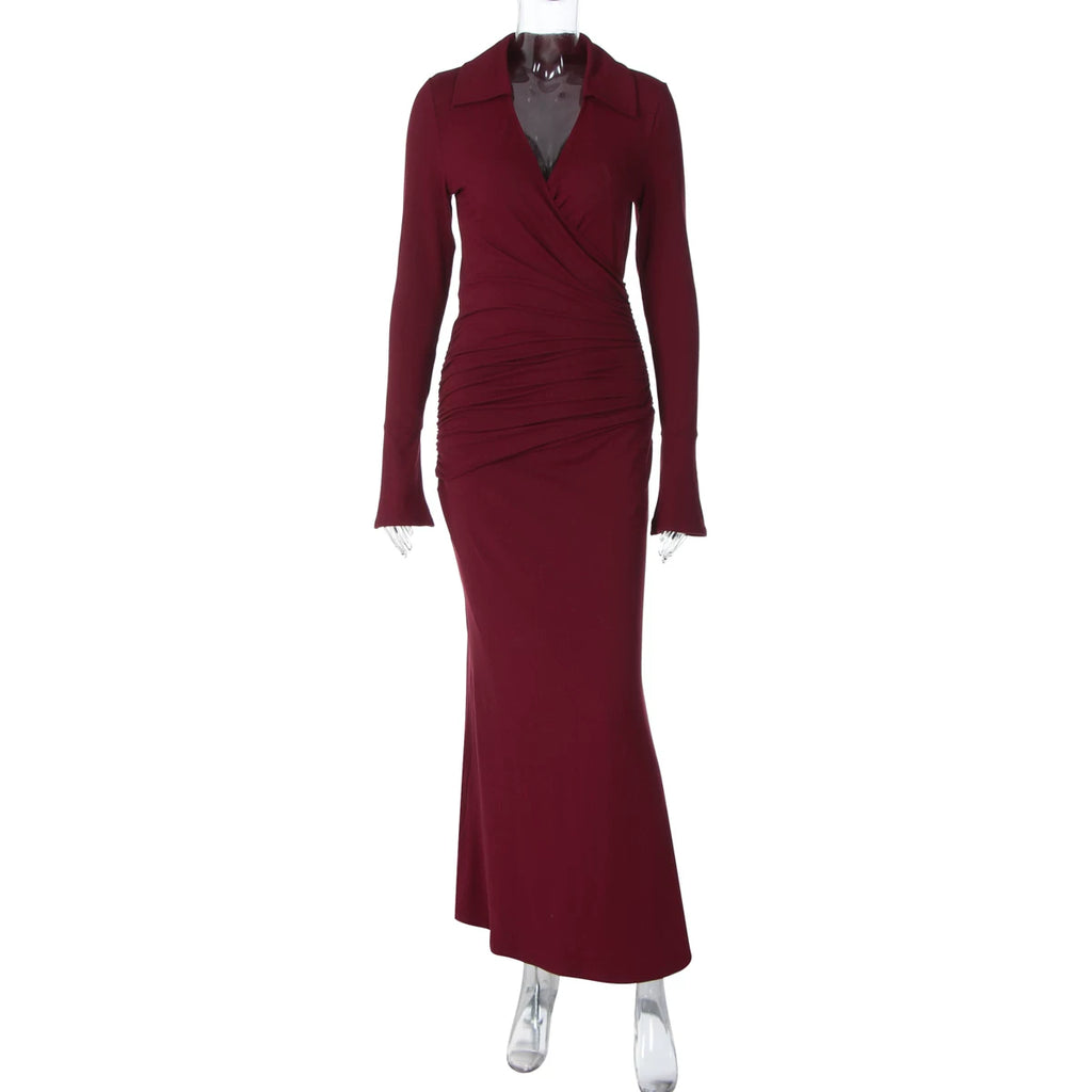 Jaghds | Cross V-Neck Pleated Long Sleeve Maxi Dress with High Waist