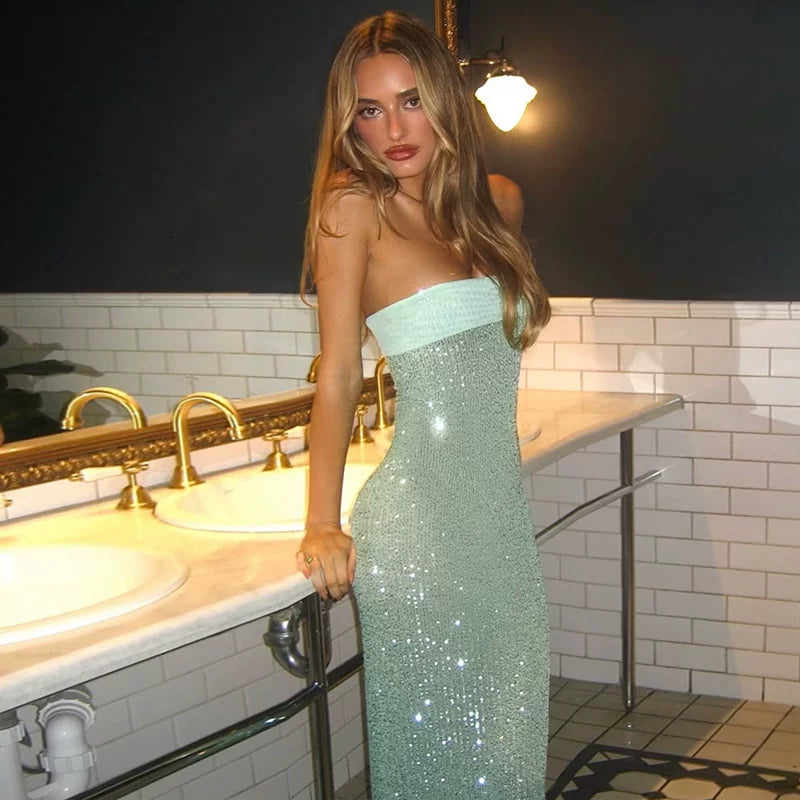 Jaghds | High-End Royal Style Mint Green Sequin Tube Top Backless Dress