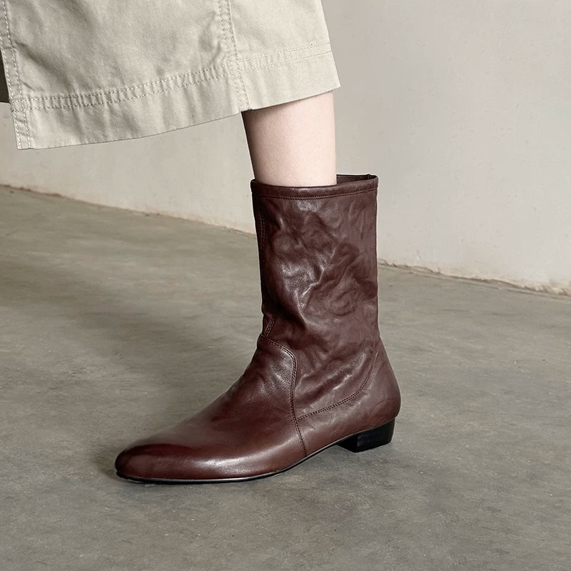 Jaghds | Pleated Pointed Toe Mid-Calf Boots for Women, Chunky Heel Autumn Winter Style