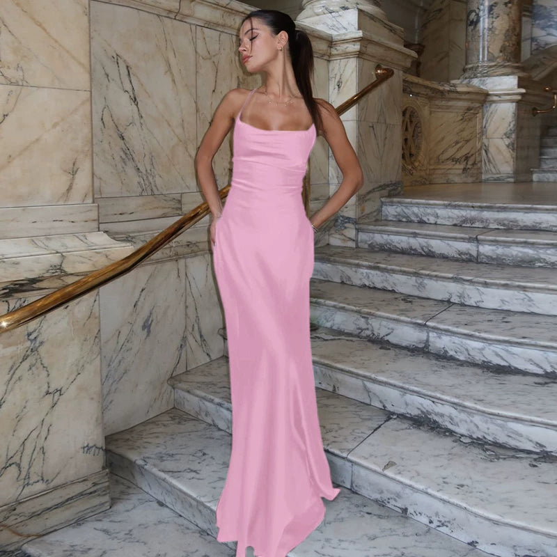 Jaghds | European Style Satin Suspender Dress with Backless Design