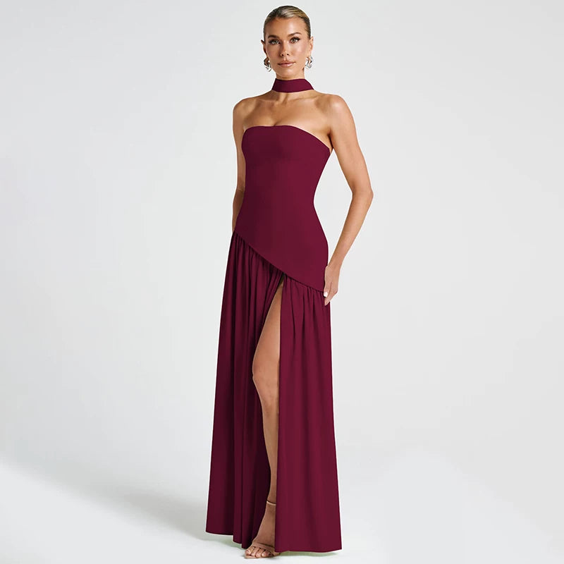 Jaghds | European Style One-Line Collar Tube Top Dress with High Slit