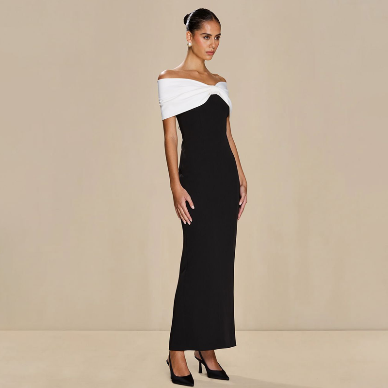 Jaghds | European and American Contrast Color One-Line Collar Dress with High Waist and Side Slit