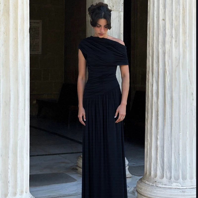 Jaghds | European Style Sloping Shoulder Irregular Pleated Long Dress