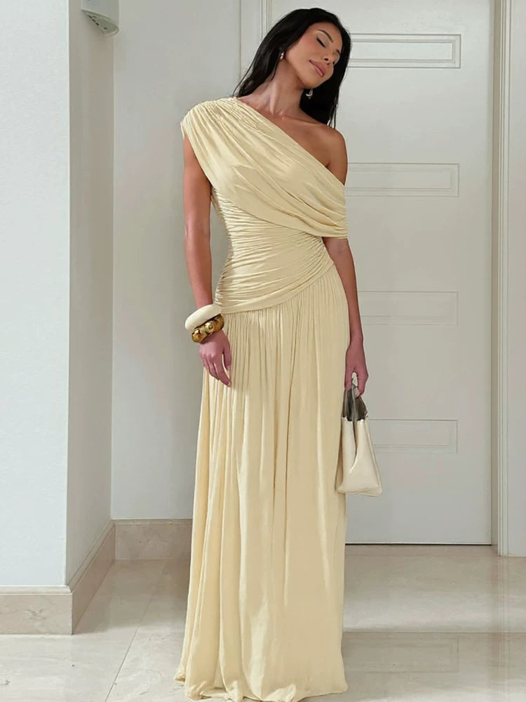 Jaghds | European Style Sloping Shoulder Irregular Pleated Long Dress