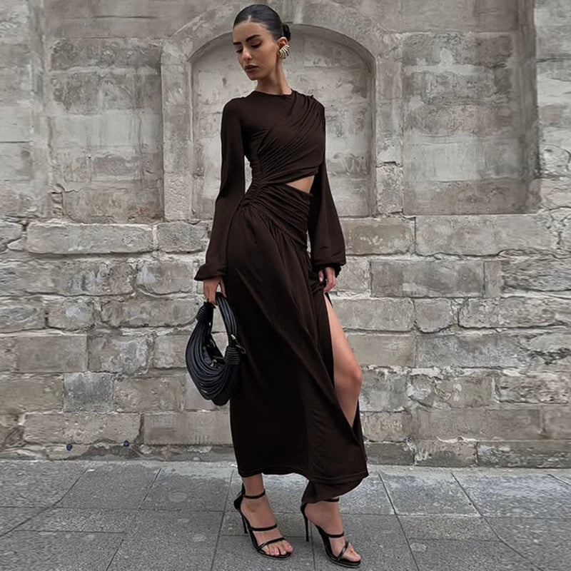 Jaghds | Elegant Round Neck Long-Sleeve Dress with Pleated Waist and High Slit