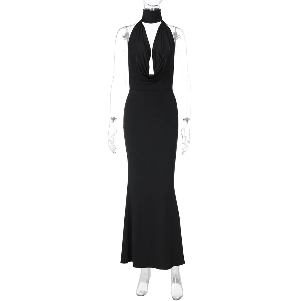 Jaghds | Elegant Swing Collar Halter Backless Dress with Long Skirt