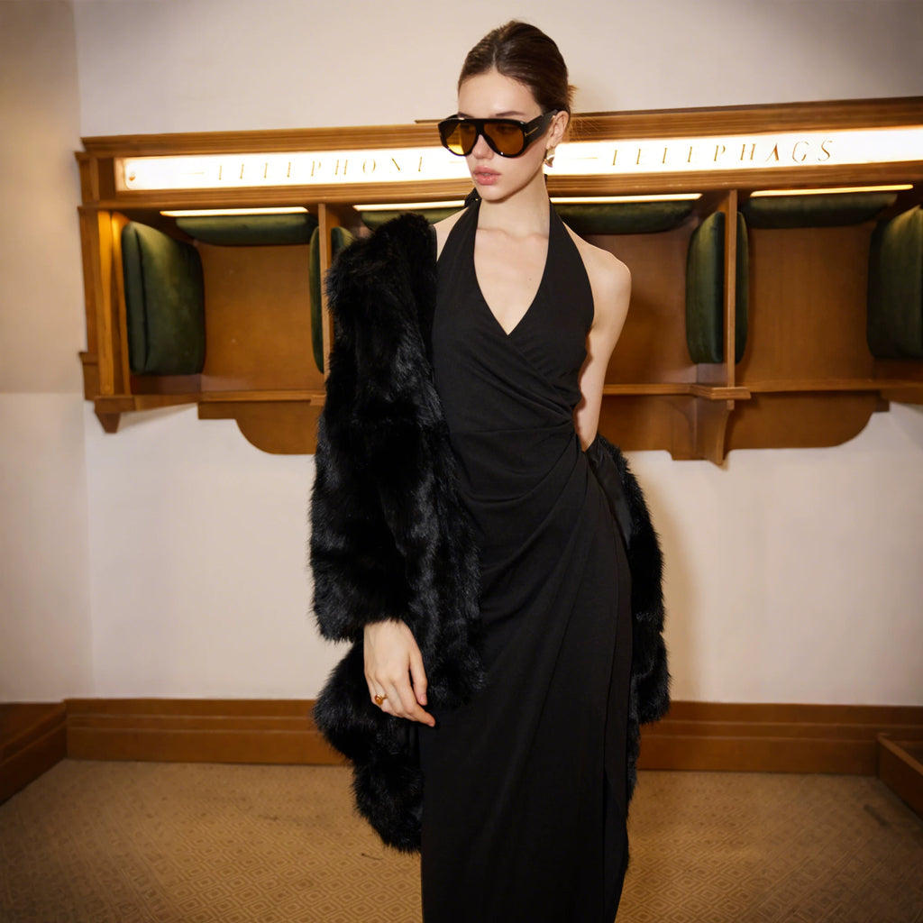 Jaghds | European and American Halter Neck V-Neck Slit Dress for Women