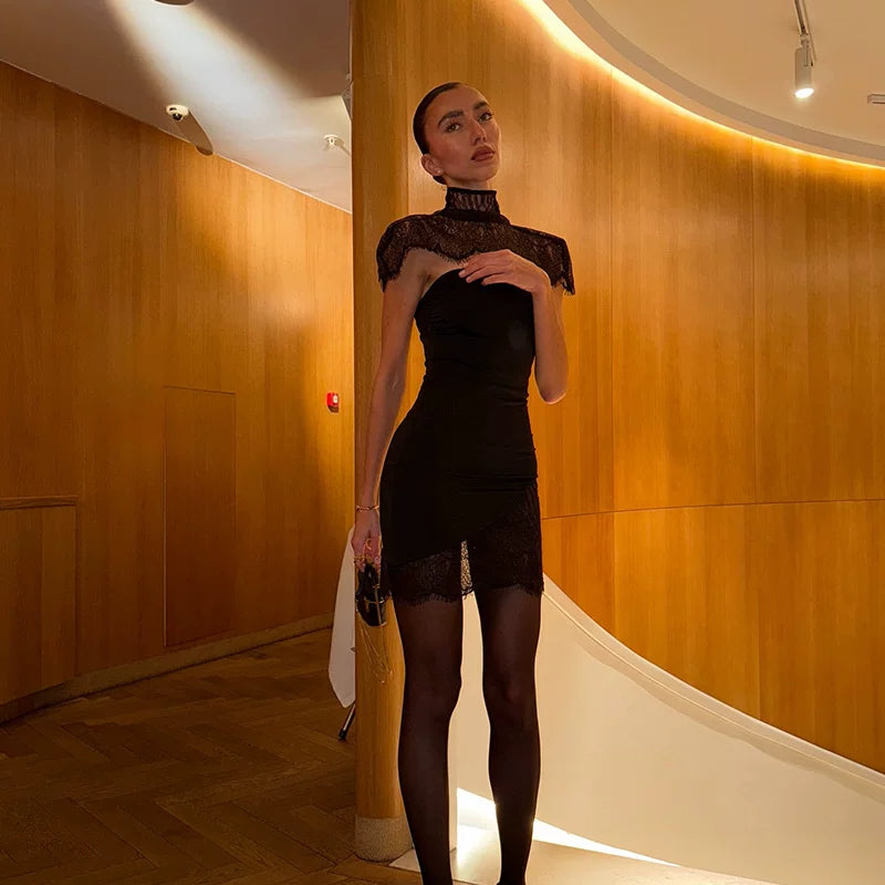 Jaghds | Black Lace Turtleneck Two-Piece Dress Set for Women