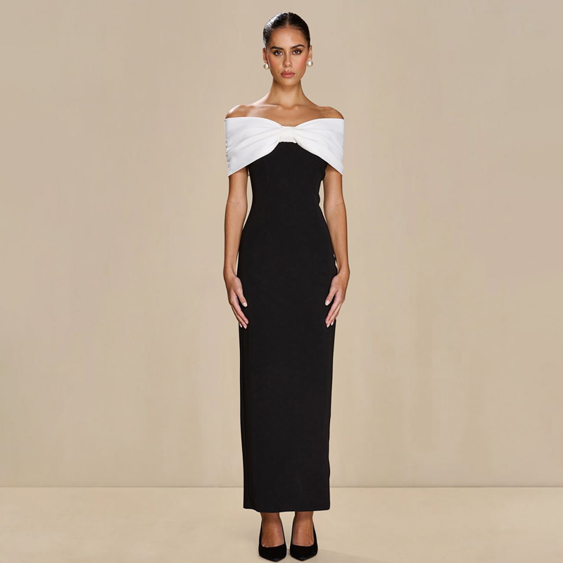 Jaghds | European and American Contrast Color One-Line Collar Dress with High Waist and Side Slit